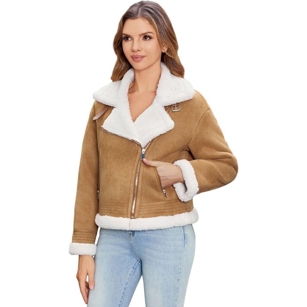 Women's Light Brown Fur Winter Coat Warm Thick Fur Lined Faux Leather Jacket